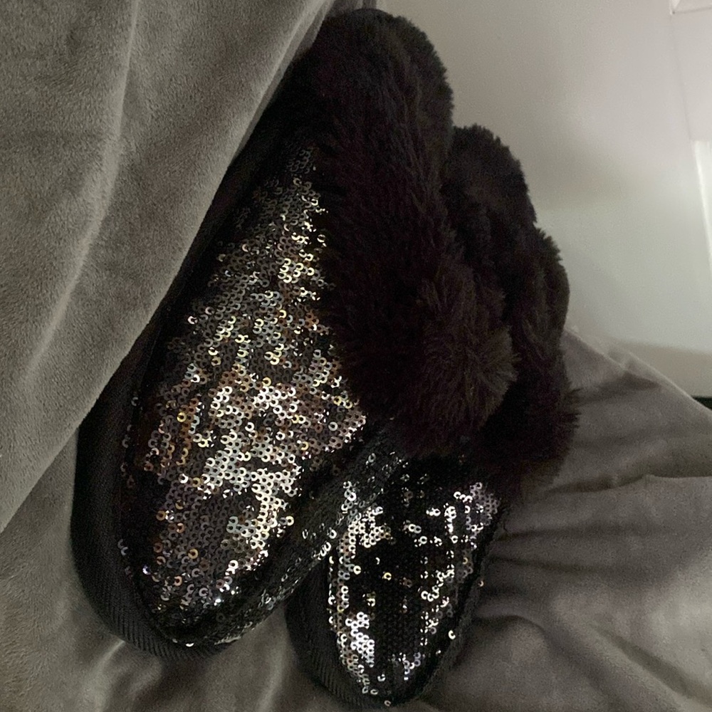 Sparkly and fuzzy black slippers